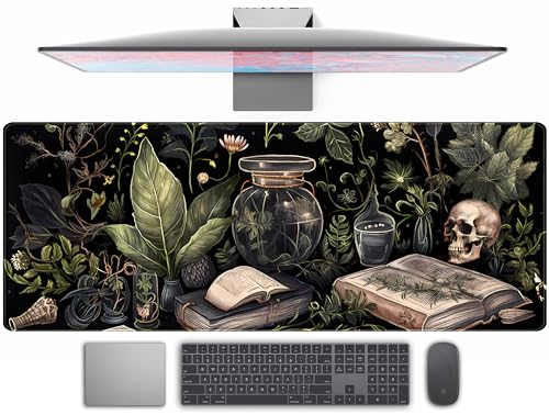 Dark Academia Desk Mat Mouse Pad XL Extended Large Gaming Desk Pad Mousepad, Mystical Green Plant Computer Laptop Keyboard and Mouse Mat, Desktop Protector Mat for Women Girl Office 31.5×11.8 in