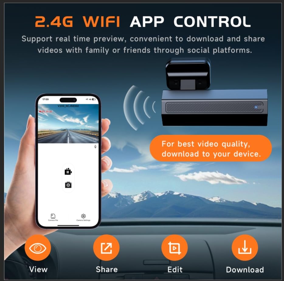 Dash Cam, 2.5K Dash Camera for Cars, V200 WiFi Dash Cam Front, Wireless Dashcam with App, WDR Night Vision, G-Sensor Dashcams for Cars, 24H Parking Mode, Loop Recording, Support 256GB Max - Image 4