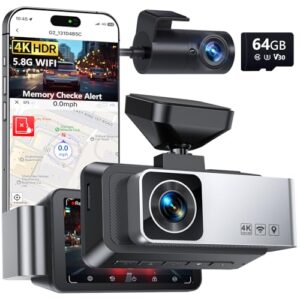 Dash Cam Front and Rear, 4K Full HD Dual Dash Camera for Cars, Built-in Memory Card Monitoring, 64GB Card, 5G WiFi GPS, Car Camera with 3″ IPS Screen, 2160P Night Vision, Parking Monitor