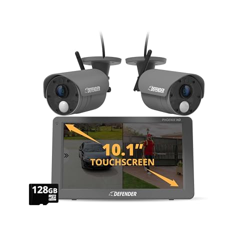 Defender Exclusive Bundle: PhoenixHD Wireless Security Camera System with 10.1” Touchscreen Monitor, 2 HD Security Cameras, No Wi-Fi Required, Upto 1000ft, Two Way Talk, 128GB SD Card, 2 Year Warranty