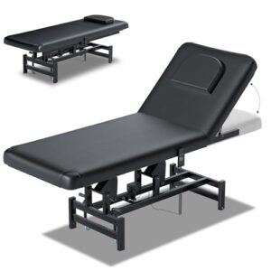 Electric Lift Massage Table with Lockable Wheels, Electric Massage Treatment Table with 4” Think Premium Foam, 1500Lbs Capacity, Physical Therapy Table with Ajustable Backrest for Facial, Spa (BLACK)
