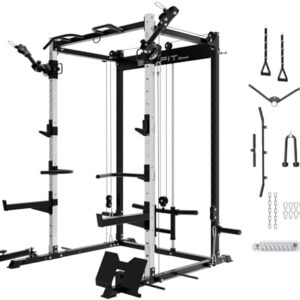 Eonfit E2 Power Rack for Home Gym Power Cage Functional Trainer with Pulley System Cable Crossover LAT Pulldown Fitness Equipment