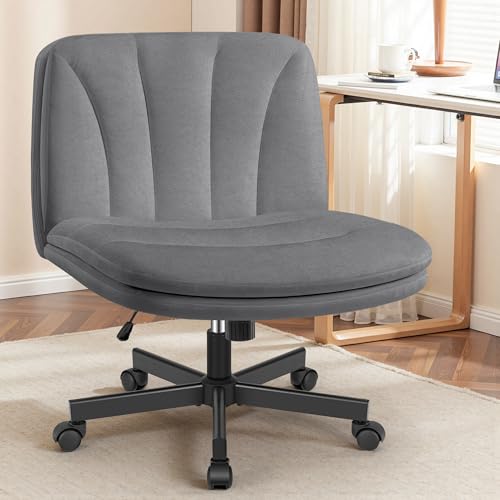 FelixKing Criss Cross Chair with Wheels, Cross Legged Office Chair, Armless Wide Vanity Desk Chair with Comfty Velvet & Back – Swivel Height Ajustable for Home Office Bedroom, Gray Velvet