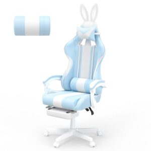 Ferghana Kawaii Bunny Ears Gaming Chair, Cute Gamer Chair with Footrest and Massage, Leather Ergonomic Computer Game Chairs for Girls Adults Teens Kids Light Blue