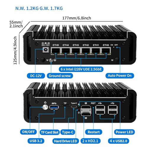 Firewall Mini PC Quad Core N100, DDR5 8GB RAM 128GB NVMe SSD, 6 x 2.5GbE i226V LAN Fanless Computer Hardware, Micro Router Appliance, AES-NI, OPNsense, TypeC Port, TF Card Slot - Image 5