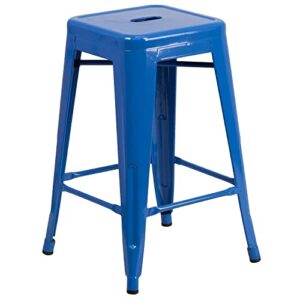 Flash Furniture Kai Commercial Grade 24″ High Backless Blue Metal Indoor-Outdoor Counter Height Stool with Square Seat