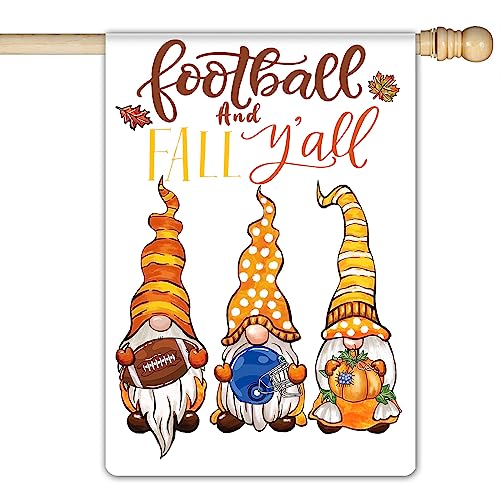 Football Pumpkin Gnomes Welcome Fall Garden Flag 28 x 40 Inch Double Sided, Football and Fall Y’all Garden Flag Harvest Thanksgiving Fall Flag for Porch Lawn Farmhouse Outdoor Decor