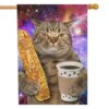 Funny Cat Garden Flag 28×40 Inch Kitten With Bread Coffee On Starry Sky Cute Animal House Lawn Flag Double Sided Banners for Home Outdoor Decoration