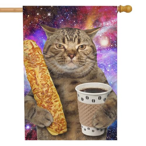 Funny Cat Garden Flag 28×40 Inch Kitten With Bread Coffee On Starry Sky Cute Animal House Lawn Flag Double Sided Banners for Home Outdoor Decoration