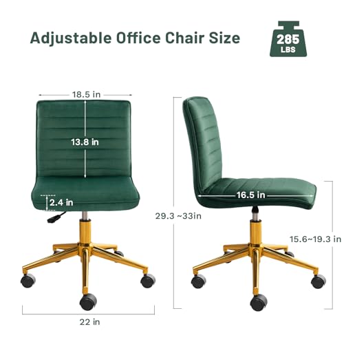 Furniliving Armless Vanity Chair with Wheels, Computer Rolling Desk Chair with Back Soft Velvet Fabic Height Adjustable Gold Metal Base Swivel Stool Chairs,DarkGreen - Image 3