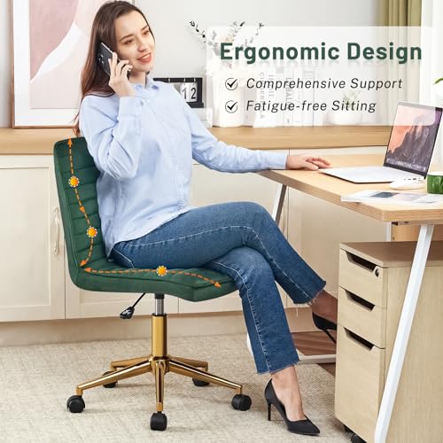 Furniliving Armless Vanity Chair with Wheels, Computer Rolling Desk Chair with Back Soft Velvet Fabic Height Adjustable Gold Metal Base Swivel Stool Chairs,DarkGreen - Image 4