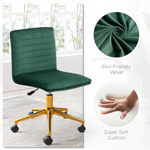 Furniliving Armless Vanity Chair with Wheels, Computer Rolling Desk Chair with Back Soft Velvet Fabic Height Adjustable Gold Metal Base Swivel Stool Chairs,DarkGreen - Image 5