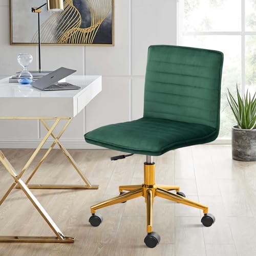 Furniliving Armless Vanity Chair with Wheels, Computer Rolling Desk Chair with Back Soft Velvet Fabic Height Adjustable Gold Metal Base Swivel Stool Chairs,DarkGreen