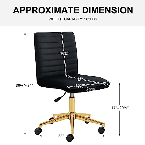 Furnimart Black Swivel Armless Desk Chair with Wheels, Small Velvet Upholstered Home Office Chair Mid-Back Adjustable Chair for Bedroom Dorm Living Room (Velvet-Black) - Image 3