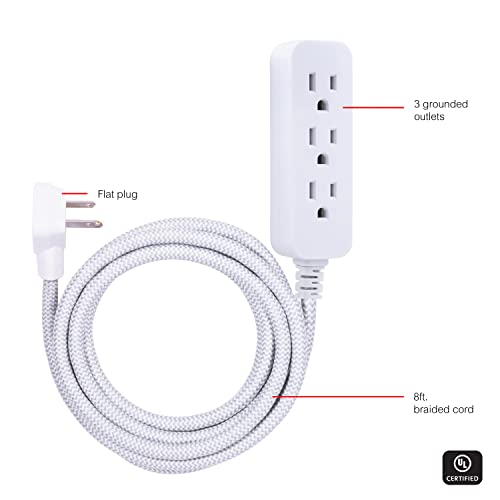 GE 3-Outlet Power Strip Surge Protector 8 Ft Braided Long Cord Extension Cord Surge Protector Power Strip Flat Plug Extension Cord 250 Joules ETL Listed White 38433 - Image 3