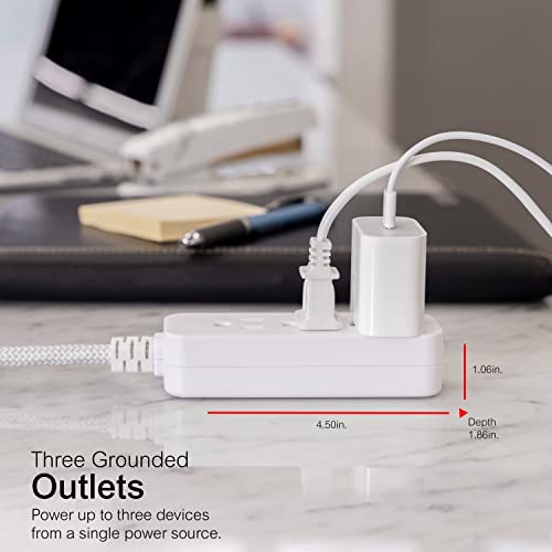 GE 3-Outlet Power Strip Surge Protector 8 Ft Braided Long Cord Extension Cord Surge Protector Power Strip Flat Plug Extension Cord 250 Joules ETL Listed White 38433 - Image 4