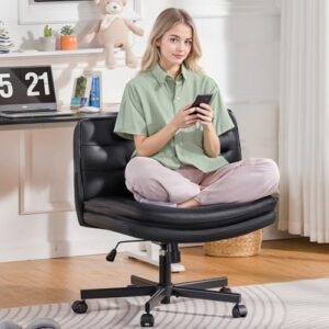 GTRACING Criss Cross Chair with Wheels, Extra Wide Armless Comfy Desk Chair for Home Office Bed Room, 2 Layer Cushion Large Seat & Back Support Cross Legged Chair, Black PU Leather Adjustable Height