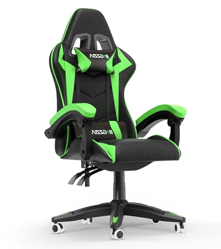 Gaming Chair High Back, Ergonomic Computer Gamer Chair with Headrest and Lumbar Support, Racing Style Reclining Game Chair for Adults, Kids (Green-Black)