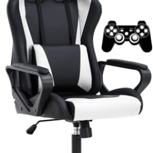 Gaming Chair Office Chair High-Back Ergonomic Video Game Chairs for Kids Teen Adult Height Adjustable Reclining Computer Chair with Lumbar Support Armrest Headrest Game Chair – White