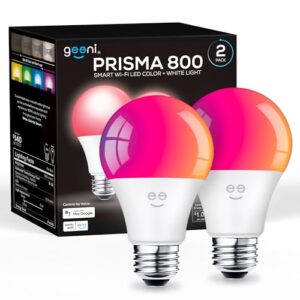 Geeni Prisma Smart Light Bulbs, 800 Lumens, 2700K Dimmable, A19, 60W Equivalent, Color Changing RGBW LED, Works with Alexa and Google Home, No Hub Required, 2.4GHz WiFi, 2-Pack