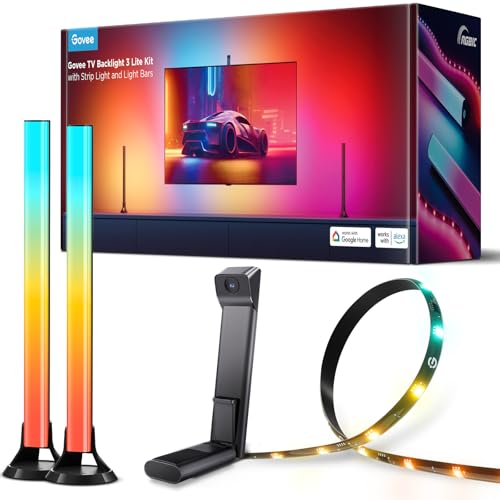 Govee TV Backlight 3 Lite Kit, 11.8ft RGBICW Wi-Fi TV LED Strip Lights for 55-65in TVs with Camera and 15 Inches Smart Light Bars with 4-in-1 Light Beads – Works with Alexa & Google Home