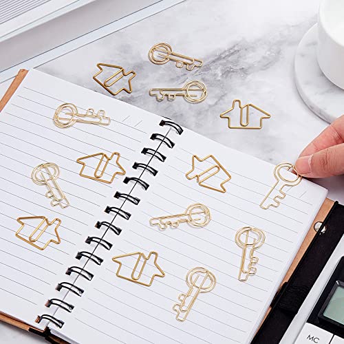 Gueevin 102 Pack Clips Office Supplies 50 Pcs House Shaped Paper Clips 50 Pcs Key Shaped Wire Paper Pins with 2 Clear Storage Box for Agent Office Home Classroom Desk Accessories Gift(Gold) - Image 5