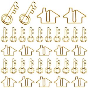 Gueevin 102 Pack Clips Office Supplies 50 Pcs House Shaped Paper Clips 50 Pcs Key Shaped Wire Paper Pins with 2 Clear Storage Box for Agent Office Home Classroom Desk Accessories Gift(Gold)