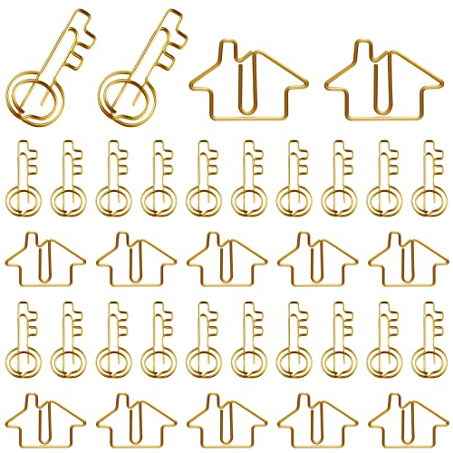 Gueevin 102 Pack Clips Office Supplies 50 Pcs House Shaped Paper Clips 50 Pcs Key Shaped Wire Paper Pins with 2 Clear Storage Box for Agent Office Home Classroom Desk Accessories Gift(Gold)