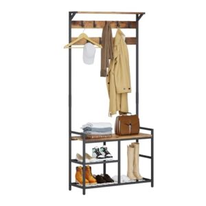 HOMEKOKO Coat Rack Shoe Bench, Hall Tree Entryway Storage Bench, Wood Look Accent Furniture with Metal Frame, 3-in-1 Design (Rustic Brown)