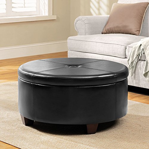 Homepop Home Decor | Upholstered Faux Leather Large Tufted Round Storage Ottoman | Button Top Ottoman with Storage for Living Room & Bedroom | Decorative Home Furniture, Black - Image 3