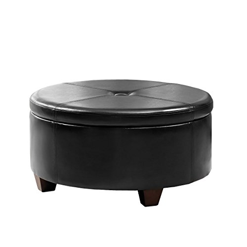 Homepop Home Decor | Upholstered Faux Leather Large Tufted Round Storage Ottoman | Button Top Ottoman with Storage for Living Room & Bedroom | Decorative Home Furniture, Black