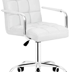 JUMMICO Desk Modern Office Chair with Wheels Vanity Chair PU Leather Mid-Back Rolling Cute for Office, Teen, and Bedroom Desks (White)