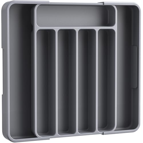 Kitsure Silverware Organizer – Adjustable Kitchen Drawer Organizer, Utensil Organizer, Cutlery Tray for Classified Storage, Versatile Kitchen Organizer, 12.13″ × 1.54″ × 8.07″~13.90″, Grey