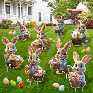 Large Easter Yard Signs 8pcs with Stakes Cute Easter Bunny Eggs Garden Decorations Outdoor Holiday Welcome Signs for Happy Easter Themed Festival Party Supplies, Lawn, Garden Yard Decor
