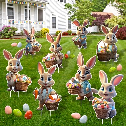 Large Easter Yard Signs 8pcs with Stakes Cute Easter Bunny Eggs Garden Decorations Outdoor Holiday Welcome Signs for Happy Easter Themed Festival Party Supplies, Lawn, Garden Yard Decor