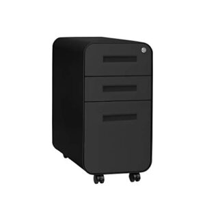 Laura Davidson Furniture Stockpile Slim 3-Drawer Mobile File Cabinet with Lock – Under Desk Metal Filing Cabinet, Legal/Letter File Folders, Wheels and Stationary Feet, Pre-Assembled, All Black