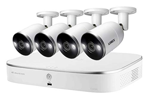 Lorex 4K Security Camera System, Fusion 8-Channel 3TB NVR with 4 Ultra HD IP Wired POE Metal Security Cameras with Smart Deterrence, Motion Detection Video Surveillance