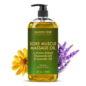 Majestic Pure Arnica Sore Muscle Massage for Massage Therapy – Natural Oil with Lavender and Chamomile Essential Oils – Multipurpose Instant Absorption Full Body Massage Oil – 8 Fl Oz (Pack of 1)