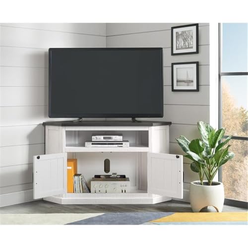 Martin Svensson Home Rustic Solid Wood Corner TV Stand - Entertainment Center White Stain with Grey Stain Top - Image 3