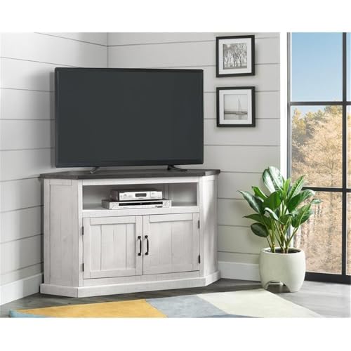 Martin Svensson Home Rustic Solid Wood Corner TV Stand - Entertainment Center White Stain with Grey Stain Top - Image 4
