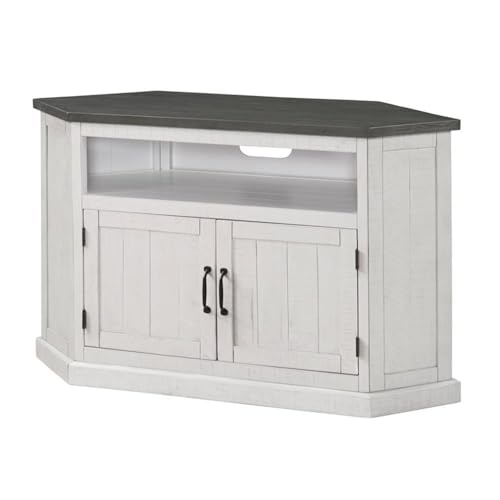 Martin Svensson Home Rustic Solid Wood Corner TV Stand – Entertainment Center White Stain with Grey Stain Top