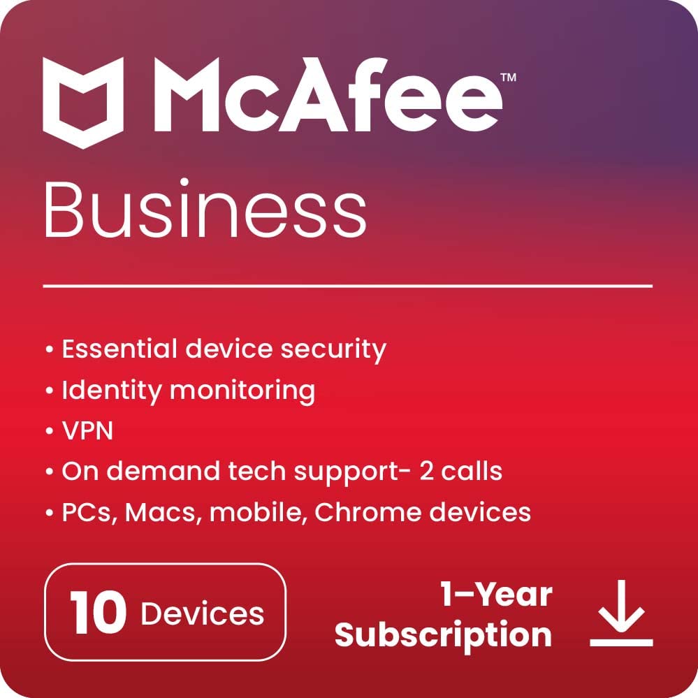 McAfee Security for Business 2024 | 10 Devices | Amazon Exclusive | Antivirus Internet Security Software | VPN, Password Manager, 2 Tech Support Calls | 1 Year Subscription | Download