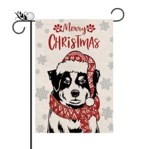 Merry Christmas Garden Flag Australian Shepherd Dog with Scarf Xmas Winter Holiday Decorations Vertical Double Sided For Outside Yard Lawn Decor 12.5 x 18 Inch