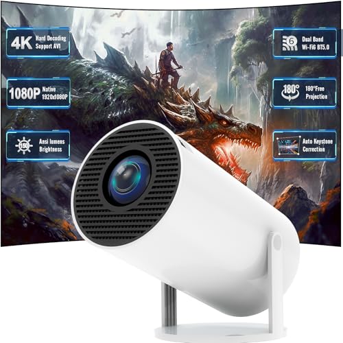 Mini Projector with WiFi and Bluetooth, 4K Supported Native 1080P FHD Portable Projector with Android 11, 180° Rotatable and Aut Level Correction Outdoor Projector for Laptop/ Smartphone/ TV Stick