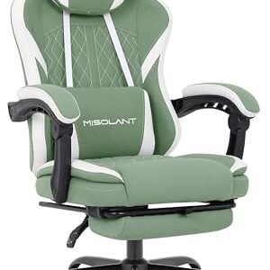 Misolant Gaming Chair, Fabric Gamer Chair with footrest for Adults, High Back Ergonomic Computer Game Chair with Adjustable Headrest and Massage Lumbar Support, 90-155° Recline Free, Green