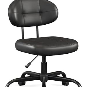 Misolant Vanity Chair with back, Small Armless Cute office Chair with wheels and Lumbar support, Comfy PU Leather Desk Computer Chairs with Adjustable Height, 360°Swivel for Home Bedroom Office, Black
