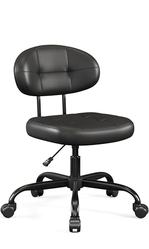 Misolant Vanity Chair with back, Small Armless Cute office Chair with wheels and Lumbar support, Comfy PU Leather Desk Computer Chairs with Adjustable Height, 360°Swivel for Home Bedroom Office, Black