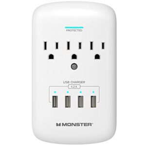Monster Wall Tap Plug 3-Outlet Extender with Outlet Surge Protector for Home, Travel, Office, Home Appliances, Computers, and Smart Phone Devices – 4 USB Ports, 300J, and ETL Listed