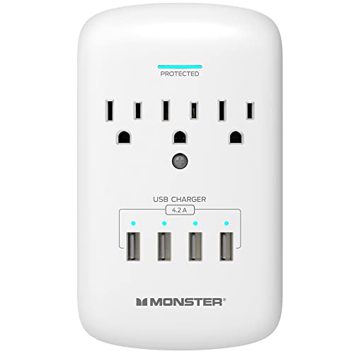 Monster Wall Tap Plug 3-Outlet Extender with Outlet Surge Protector for Home, Travel, Office, Home Appliances, Computers, and Smart Phone Devices – 4 USB Ports, 300J, and ETL Listed