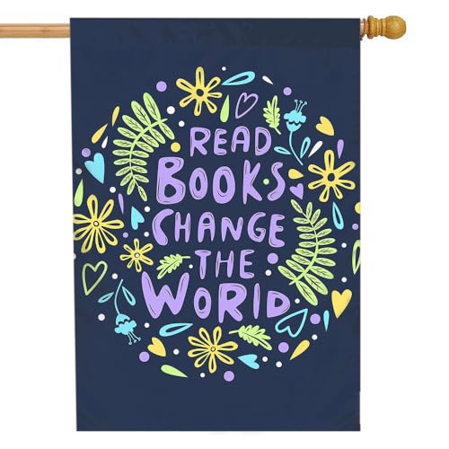 Motivational Quote Garden Flag 28×40 Inch Word Read Books Change The World Flower Leaf Heart House Lawn Flag Double Sided Banners for Home Outdoor Decoration